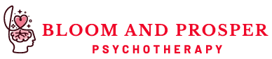 Logo for Bloom and Prosper Psychotherapy with a brain, heart, and crescent moon illustration.