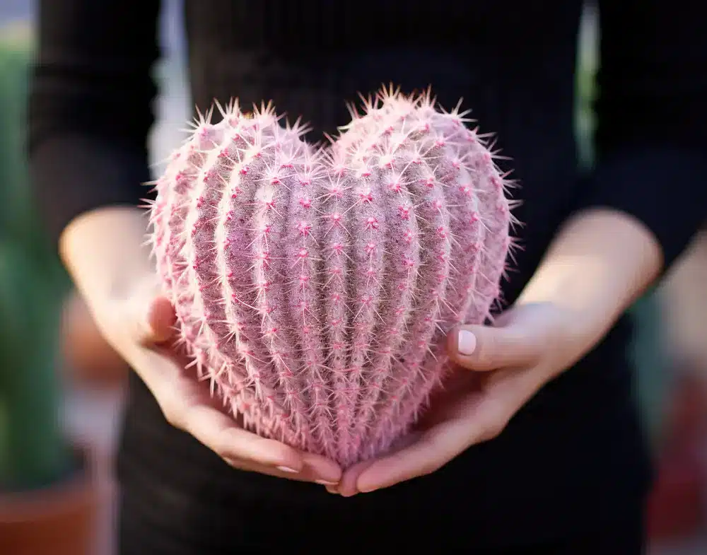 Person holding a pink, heart-shaped cactus with both hands against a blurred background.